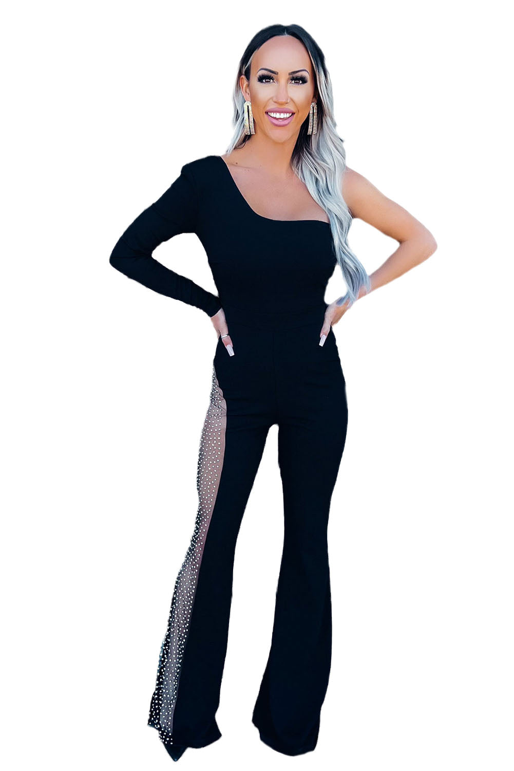 One-shoulder Gem Rhinestone Accent Flare Bottom Jumpsuit