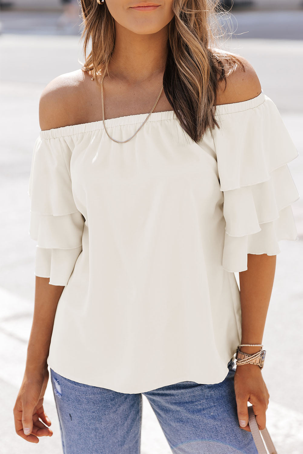 Tiered Ruffled Half Sleeve Off Shoulder Blouse