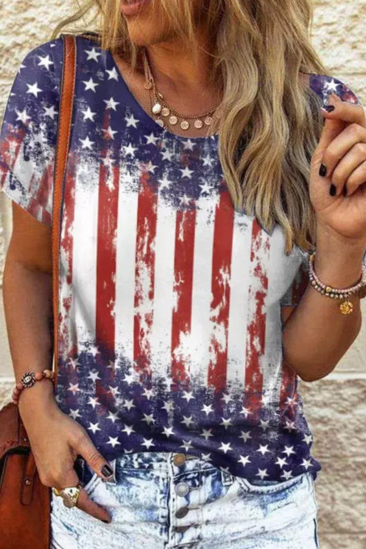 American Flag Inspired Bleached Print Short Sleeve Tee