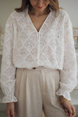 Fanshaped Lace Hollow out Split Neck Puff Sleeve Blouse