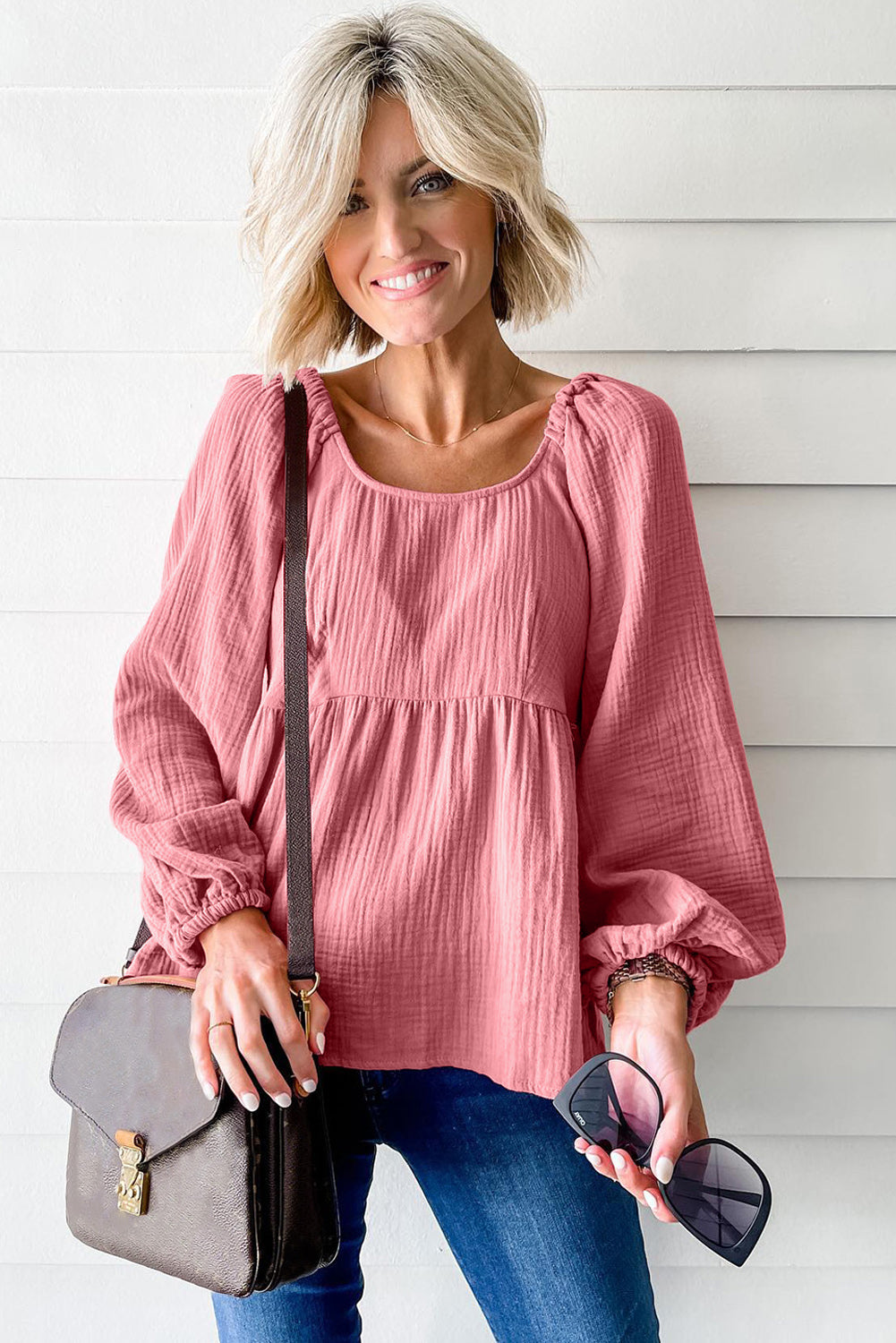 Bubble Sleeve Textured Flowy Blouse