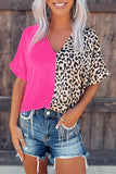 Leopard Color Block Roll Tab Sleeve V Neck Top