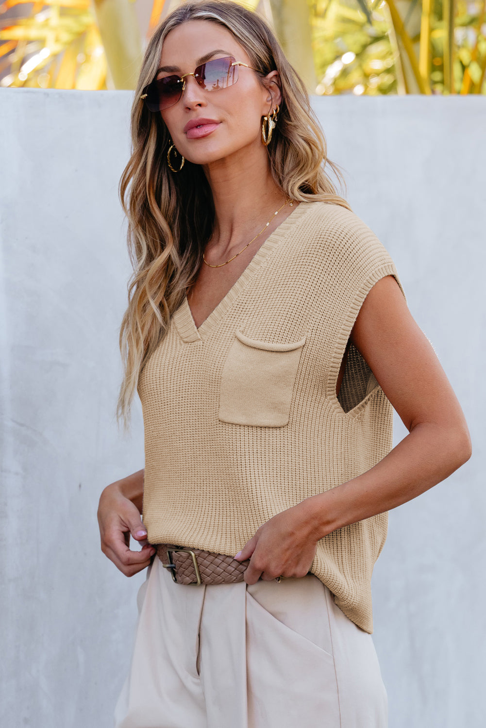 Apricot Chest Pocket V Neck Ribbed Cap Sleeve Sweater