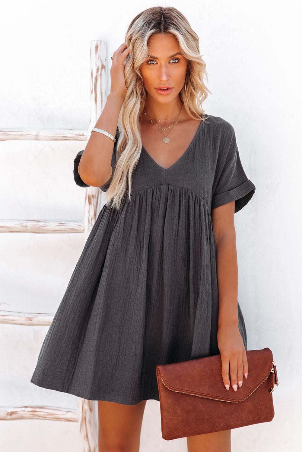 Roll Up Short Sleeve V Neck Babydoll Mini Dress