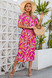 Tropical Leafy Print Drawstring V Neck Midi Dress