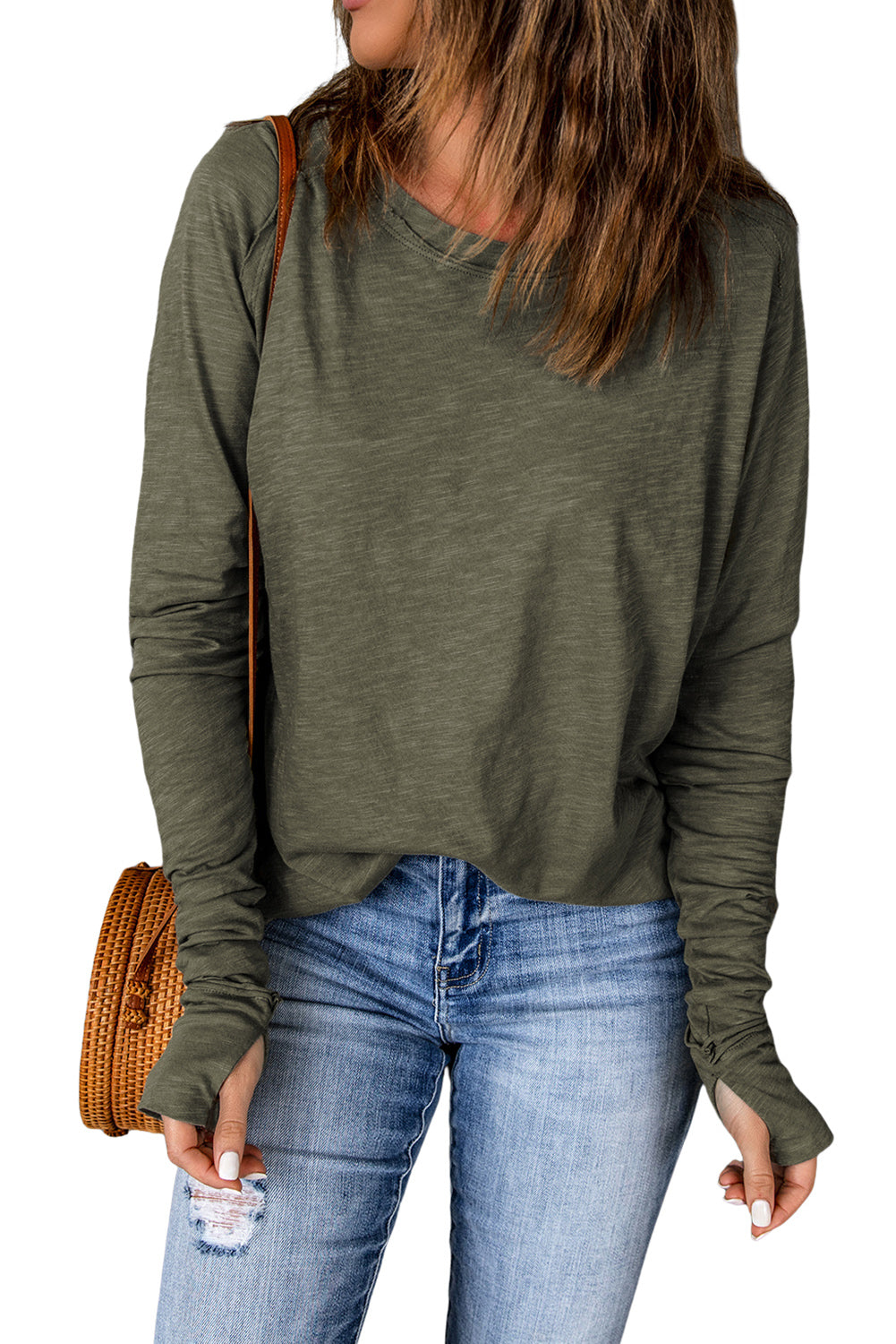 Green Solid Crew Neck Long Sleeve Long Sweatshirt