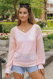 Loose Pointelle Knit Ribbed V Neck Sweater