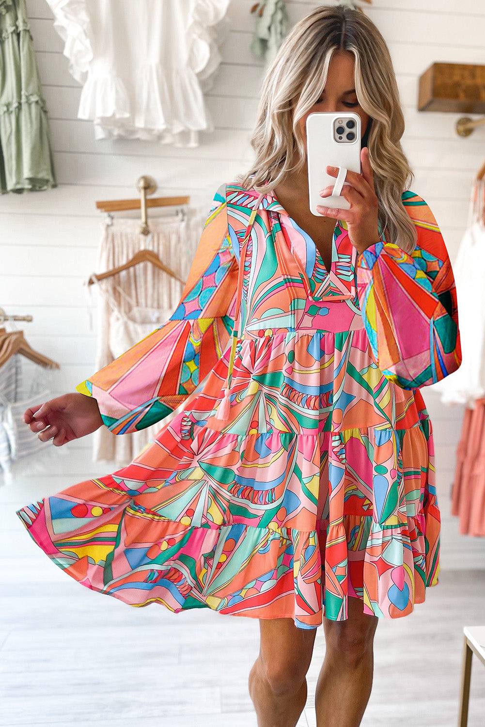 Abstract Geometry Print Half Puff Sleeve Loose Shirt