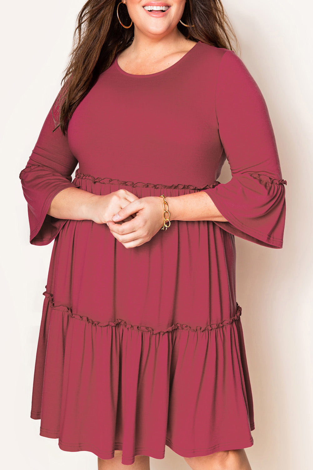 Tiered Ruffled 3/4 Sleeve Plus Size Dress