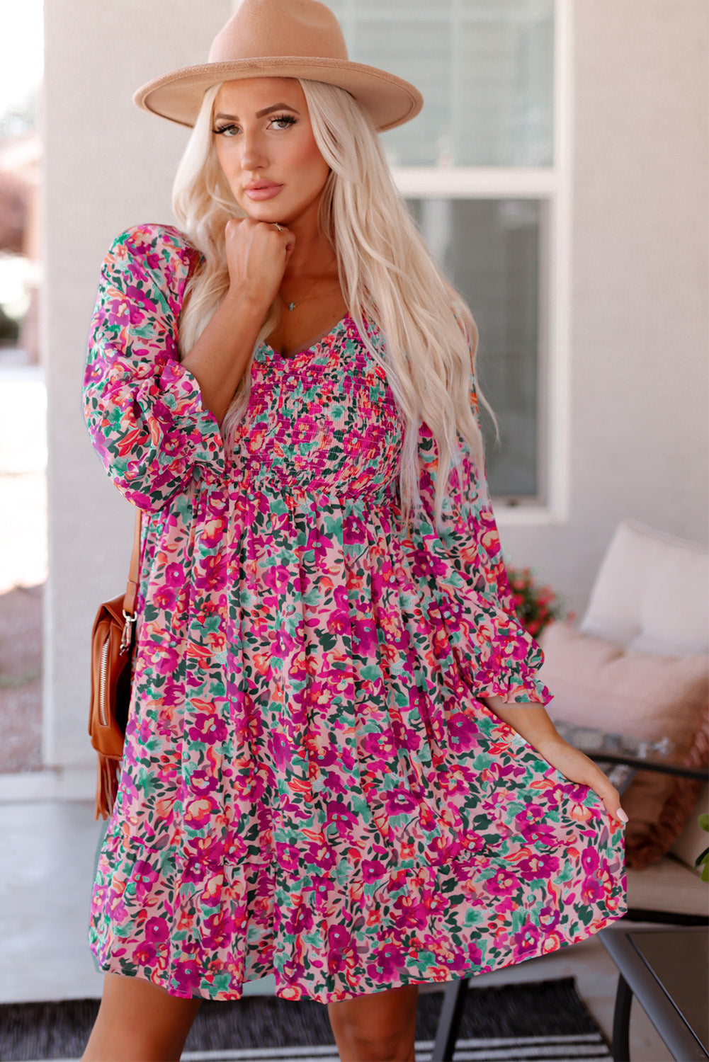 Smocked V Neck Puffy Sleeve Floral Dress