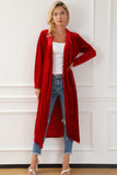 Fiery Red Velvet Open Front Pocketed Long Duster