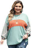 Green Colorblock Striped Bishop Sleeve Top