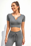 Zipped Notch Short Sleeve Ribbed Yoga Top