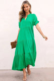 Notch V Neck Bubble Sleeve Tiered Maxi Dress