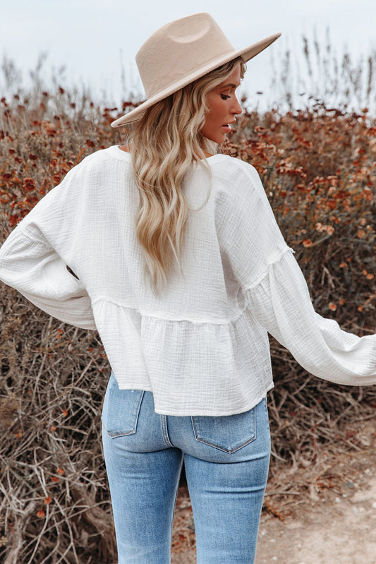 Retro Stitching Long Sleeve Peplum Blouse