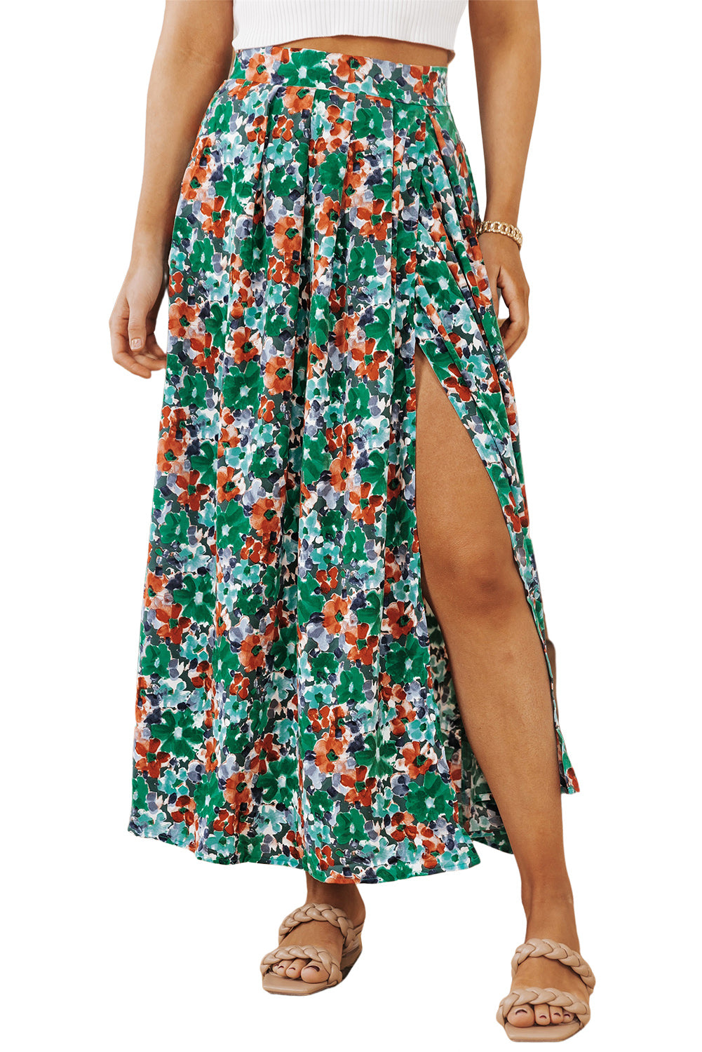 Floral Print Pleated Slit Skirt