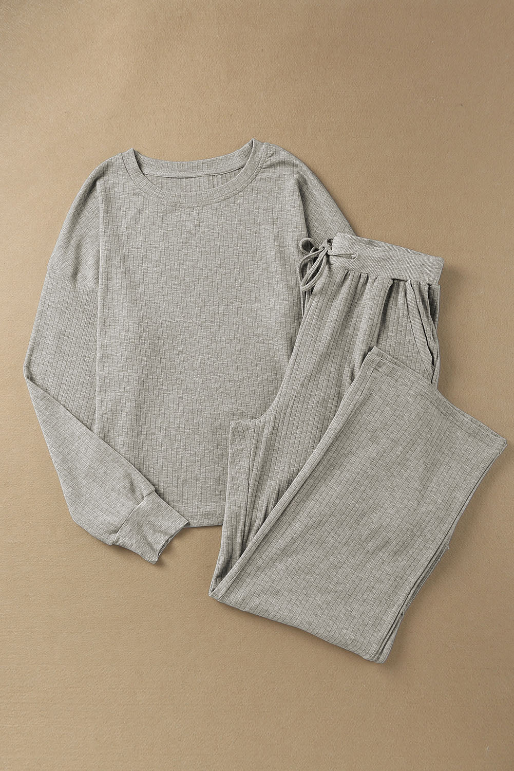 Ribbed Drop Shoulder Pullover and Pants Lounge Set