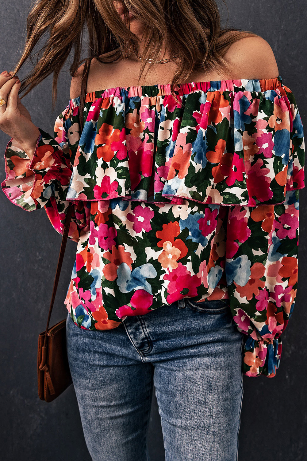 Blouse à épaules dénudées et à volants imprimé floral