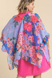 Kimono rose imprimé floral à volants et manches 3/4, coupe ample