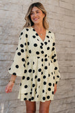 Beige Polka Dot Printed Surplice V Neck Puff Sleeve Mini Dress