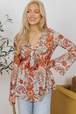 Orange Floral Print Deep V Neck Knot Bell Sleeve Blouse