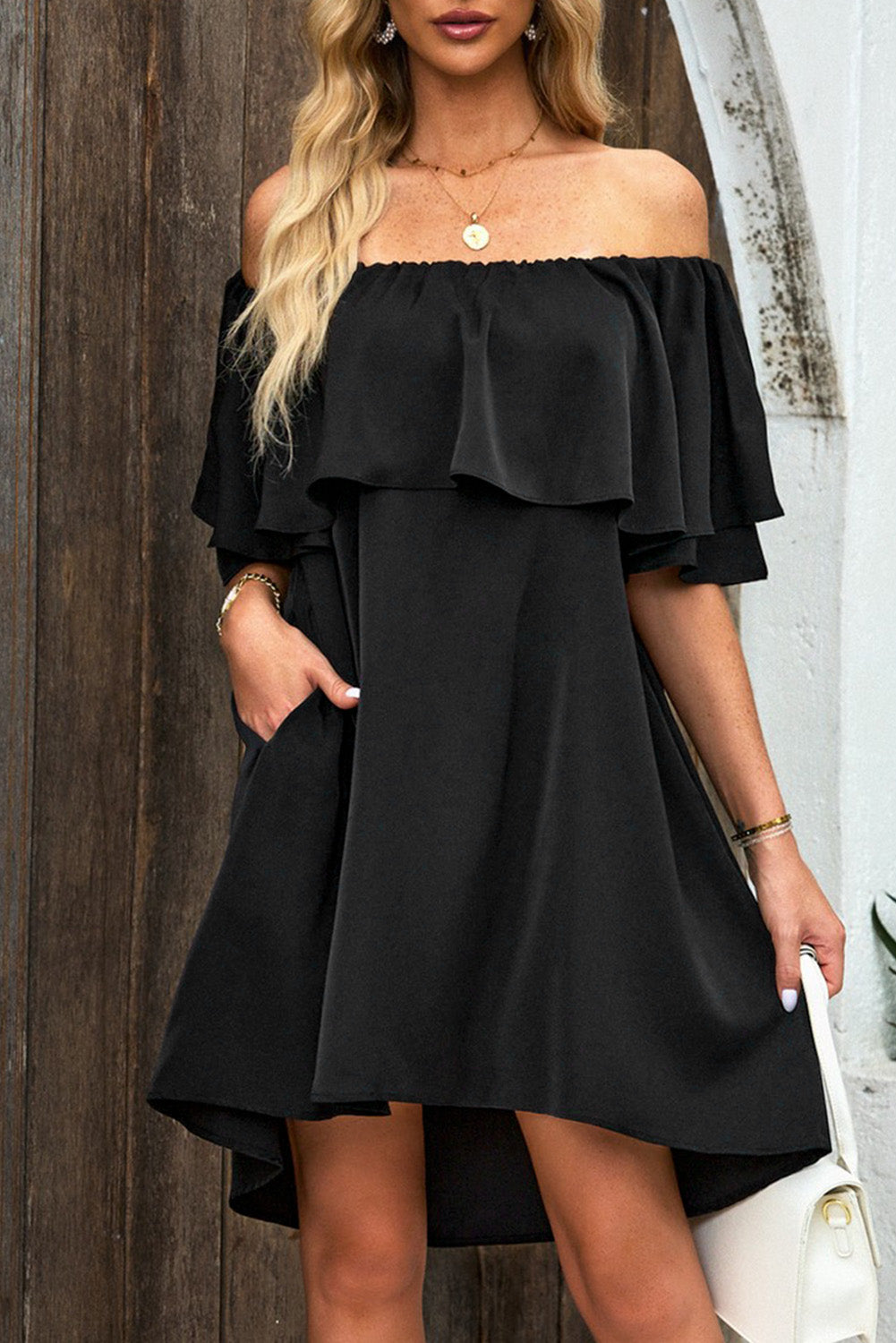 Off The Shoulder Ruffle Casual Shift Dress