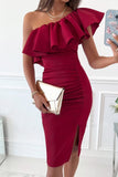 Ruffled One Shoulder Ruched Slit Bodycon Dress