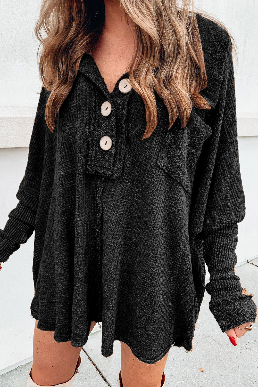 Brown Waffle Knit Buttoned Long Sleeve Top