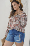 Red Printed Long Sleeve V-Neck Drawstring Shirt