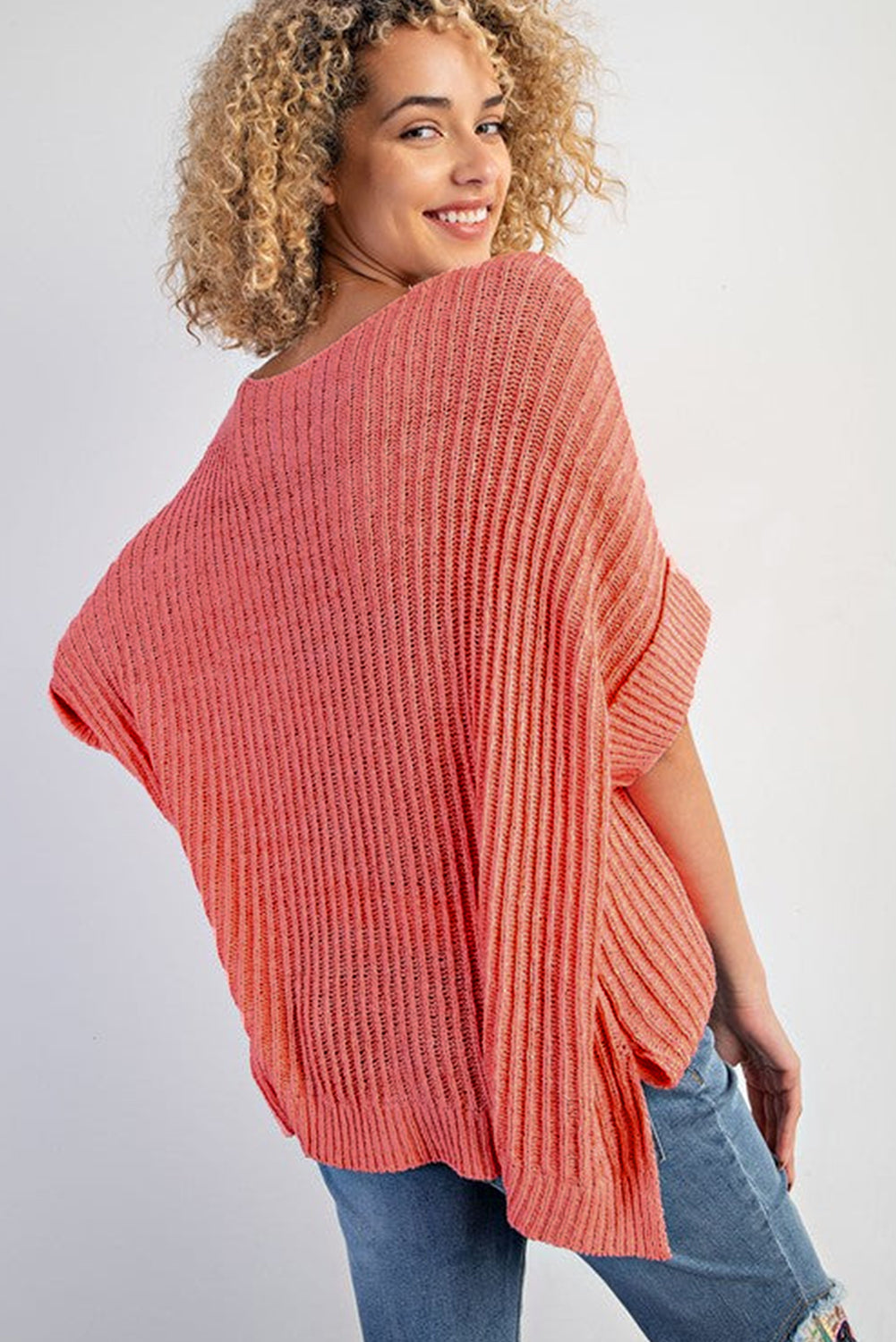 Fresh Salmon Rolled Cuffs Loose Knit Tee with Slits