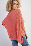 Fresh Salmon Rolled Cuffs Loose Knit Tee with Slits