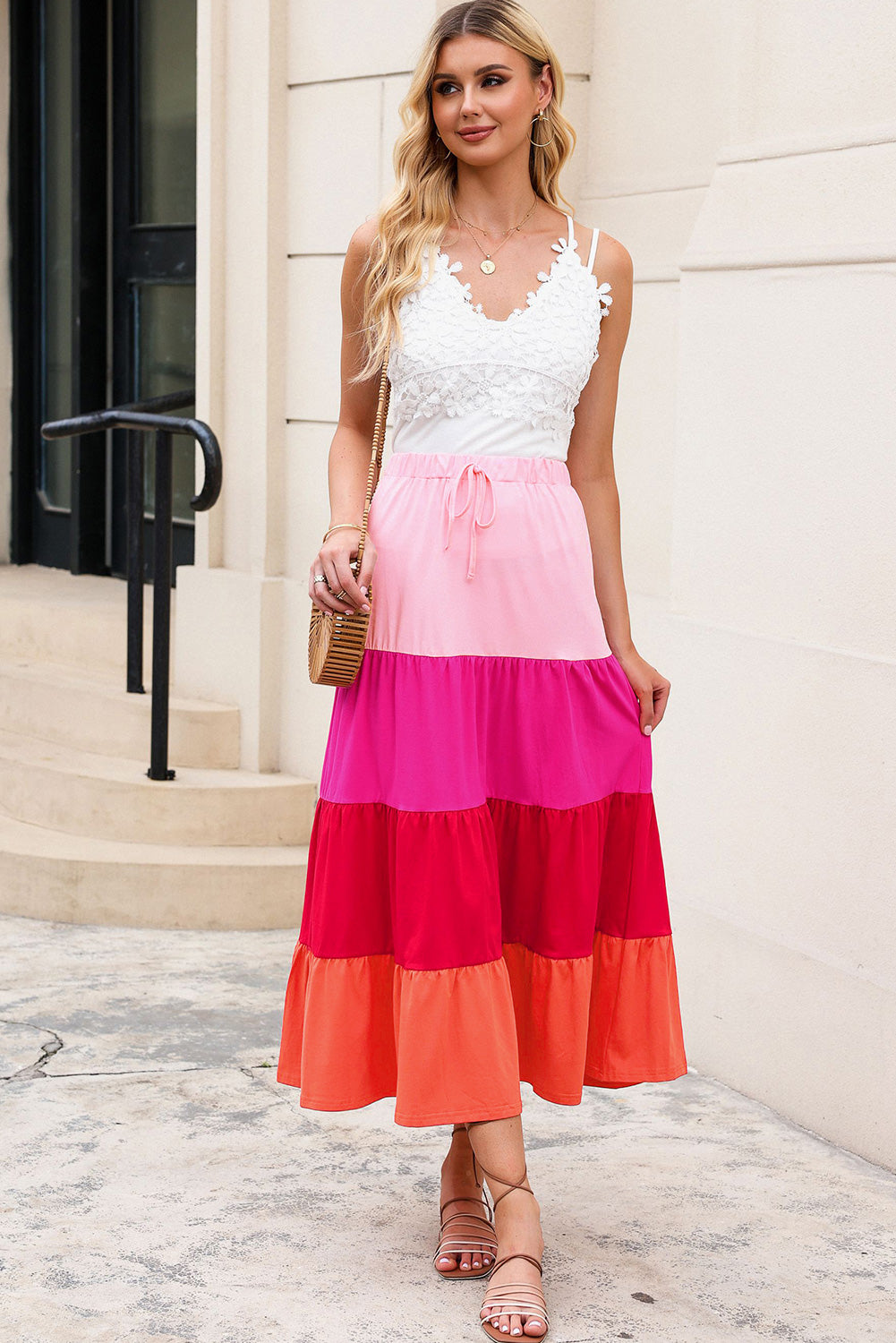 White Frill Straps Color Block Tiered Tank Top