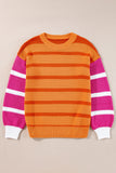 Orange Stripe Colorblock Crew Neck Drop Shoulder Loose Sweater