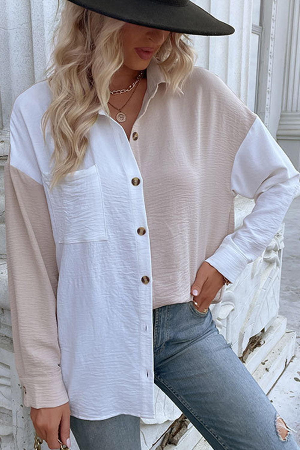 Color Block Long Sleeve Crinkle Shirt