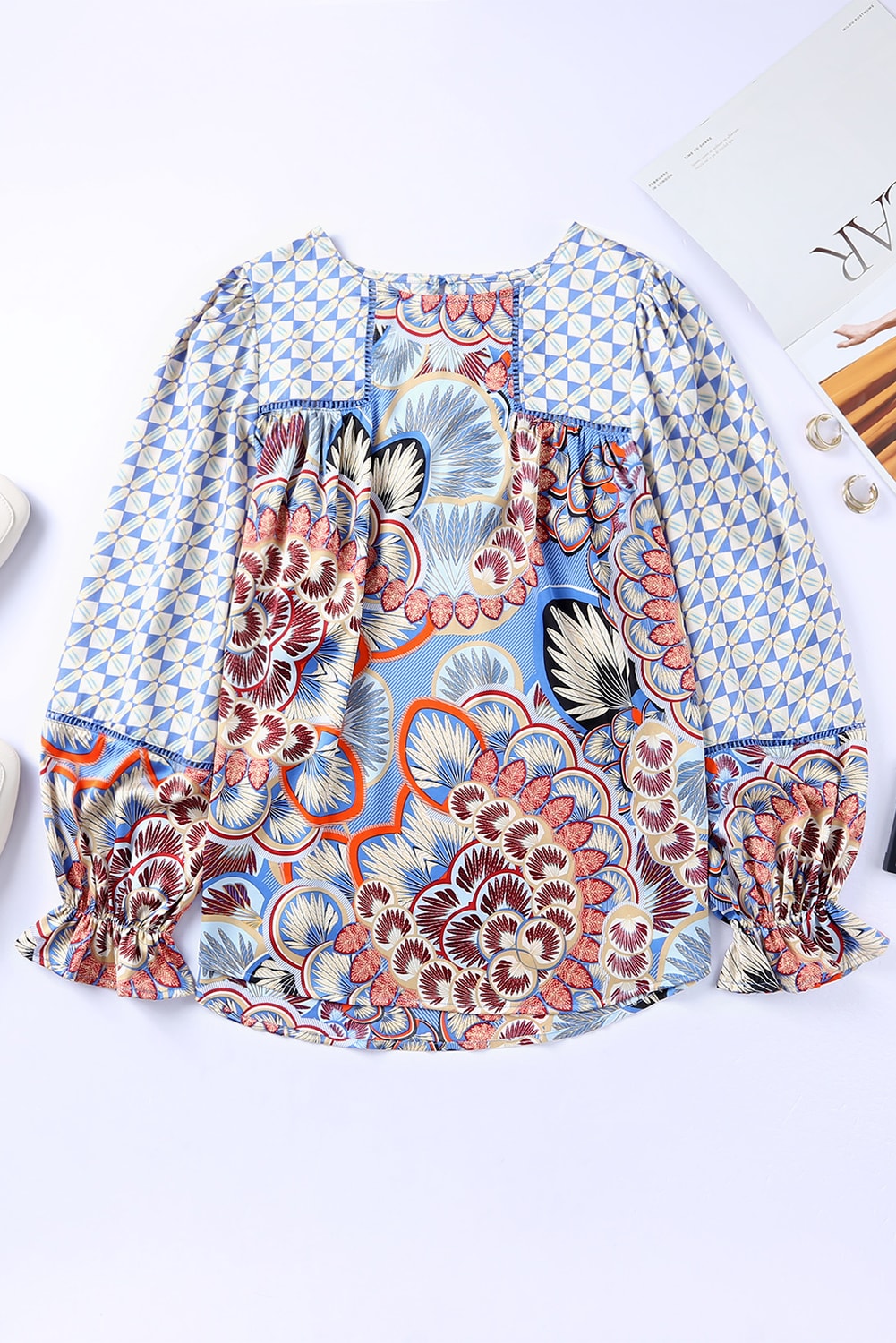 Mixed Floral Geometric Print Ruffled Long Sleeve Blouse