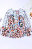 Mixed Floral Geometric Print Ruffled Long Sleeve Blouse