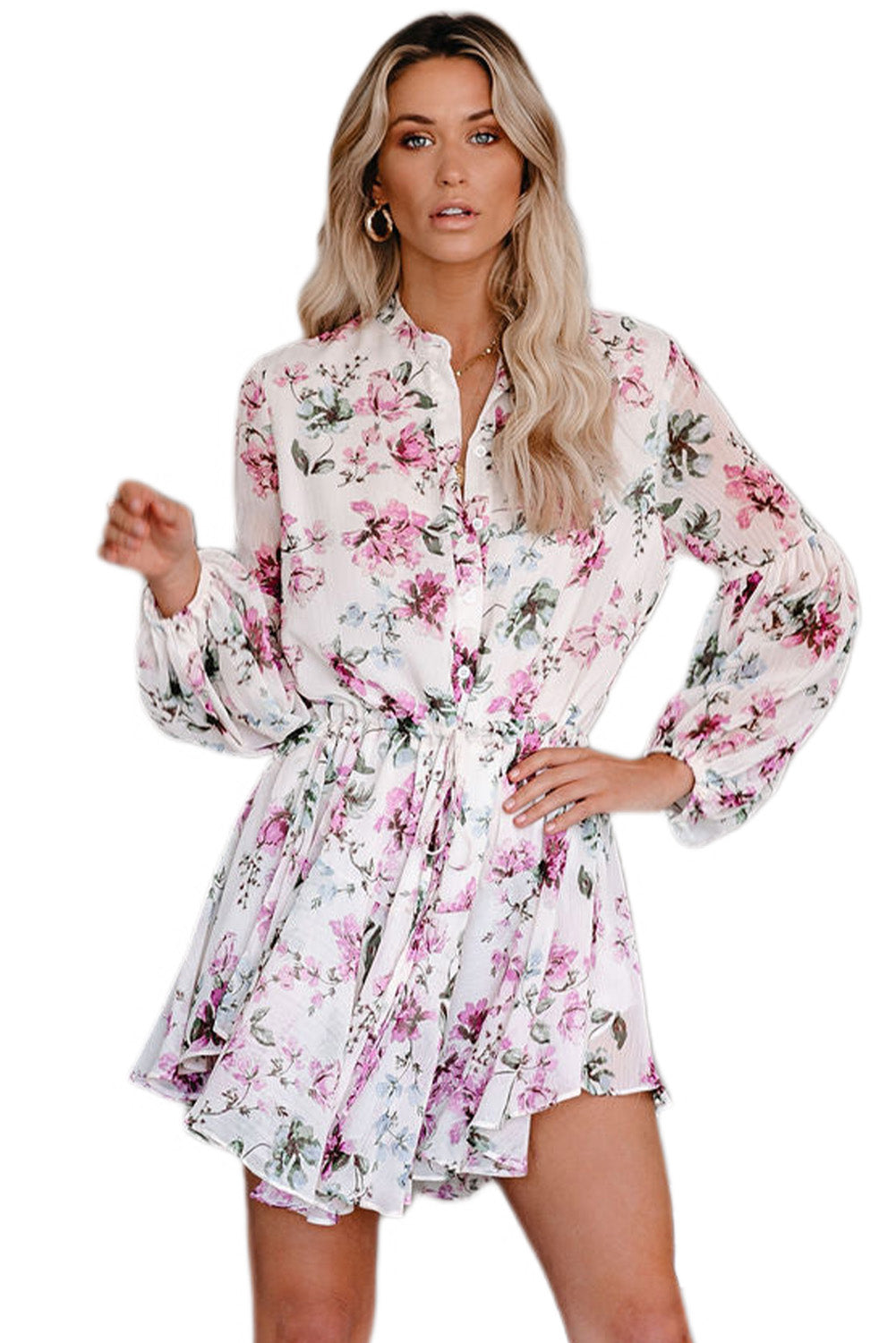 Robe fluide à cordon de serrage à imprimé floral vintage bleu ciel