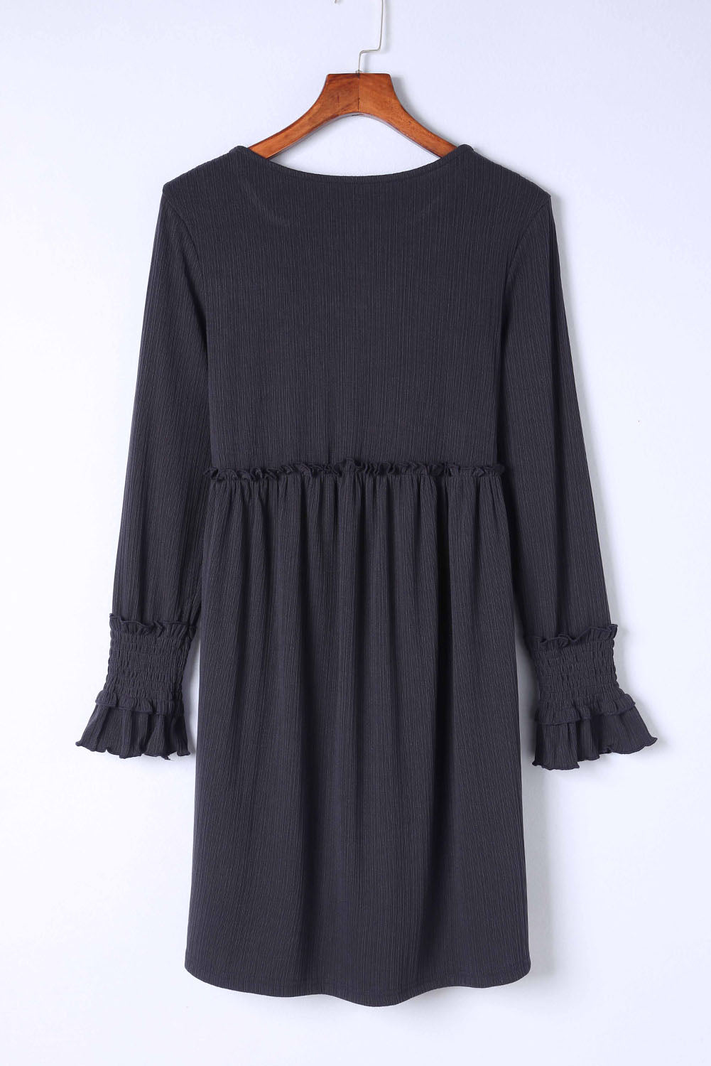 Textured Button Long Sleeve Babydoll Dress