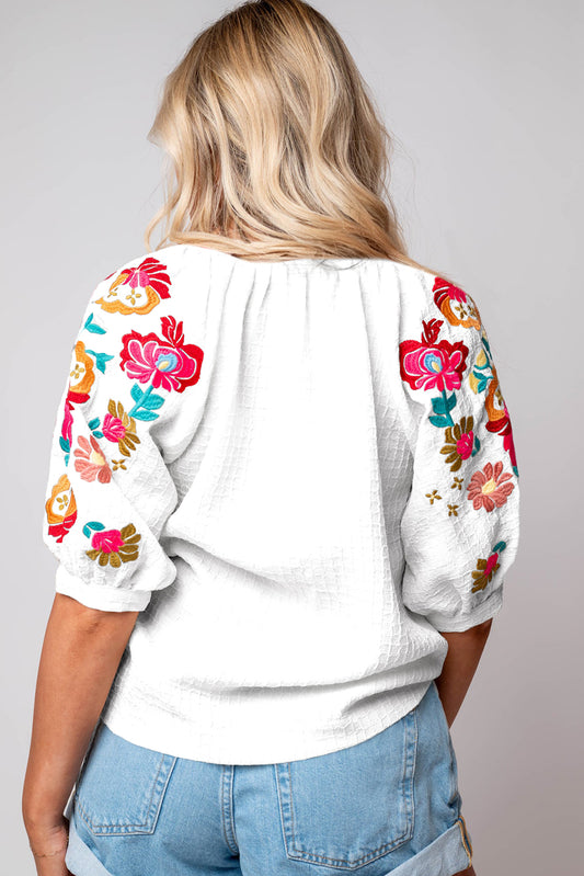 White Floral Embroidered Ricrac Puff Sleeve Textured Blouse