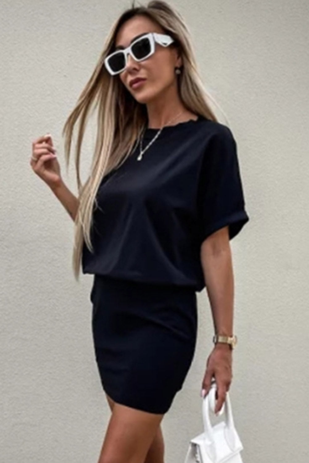 Solid Color High Waist Short Sleeve Active Mini Dress