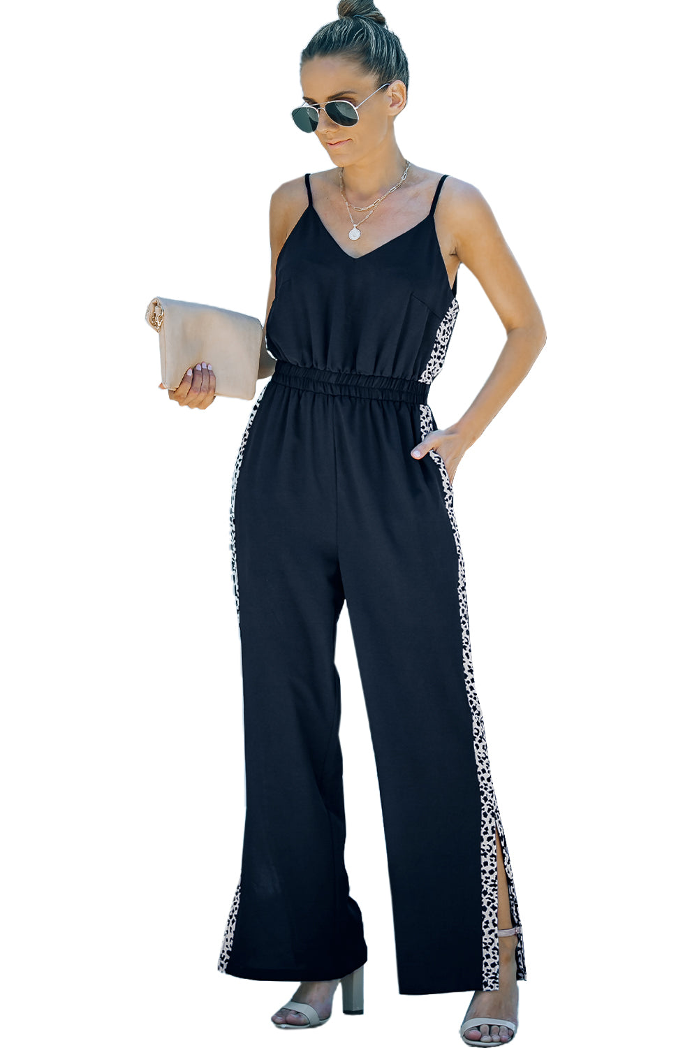 Leopard Patchwork Spaghetti Strap Wide Leg Jumpsuit