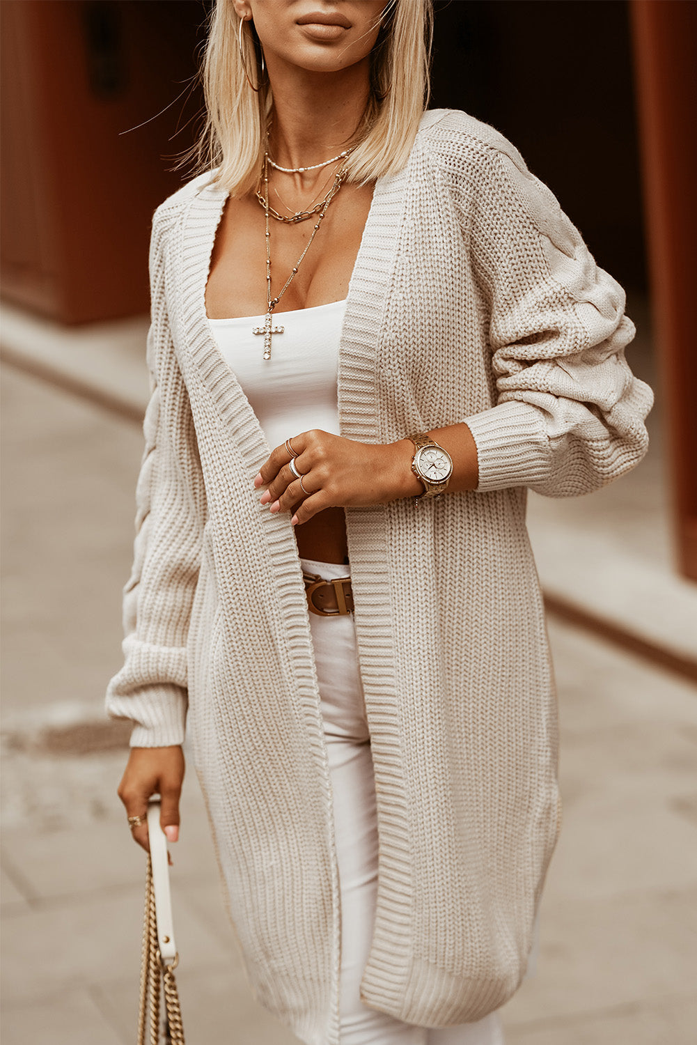 Open Front Cable Sleeve Long Cardigan