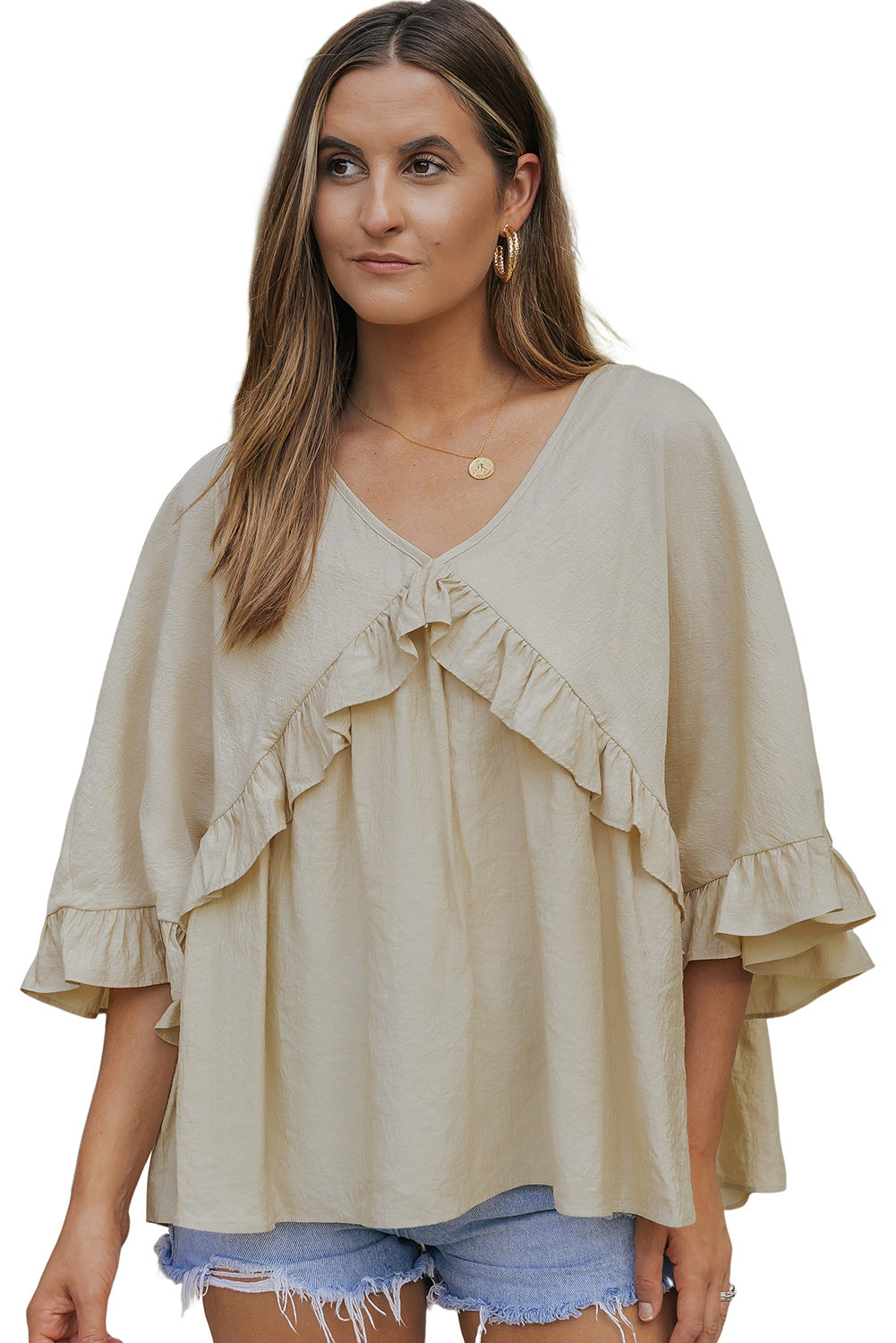 V Neck Draped Batwing Sleeve Ruffle Top