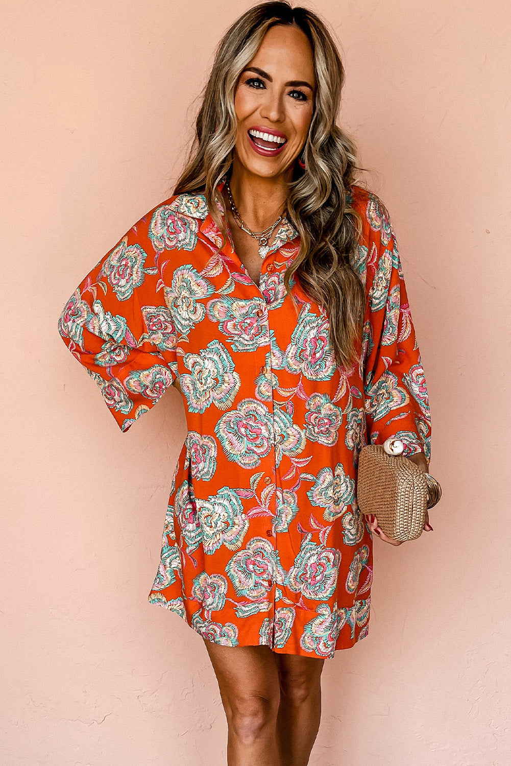 Black Floral Print Lapel Collar Loose Shirt Mini Dress