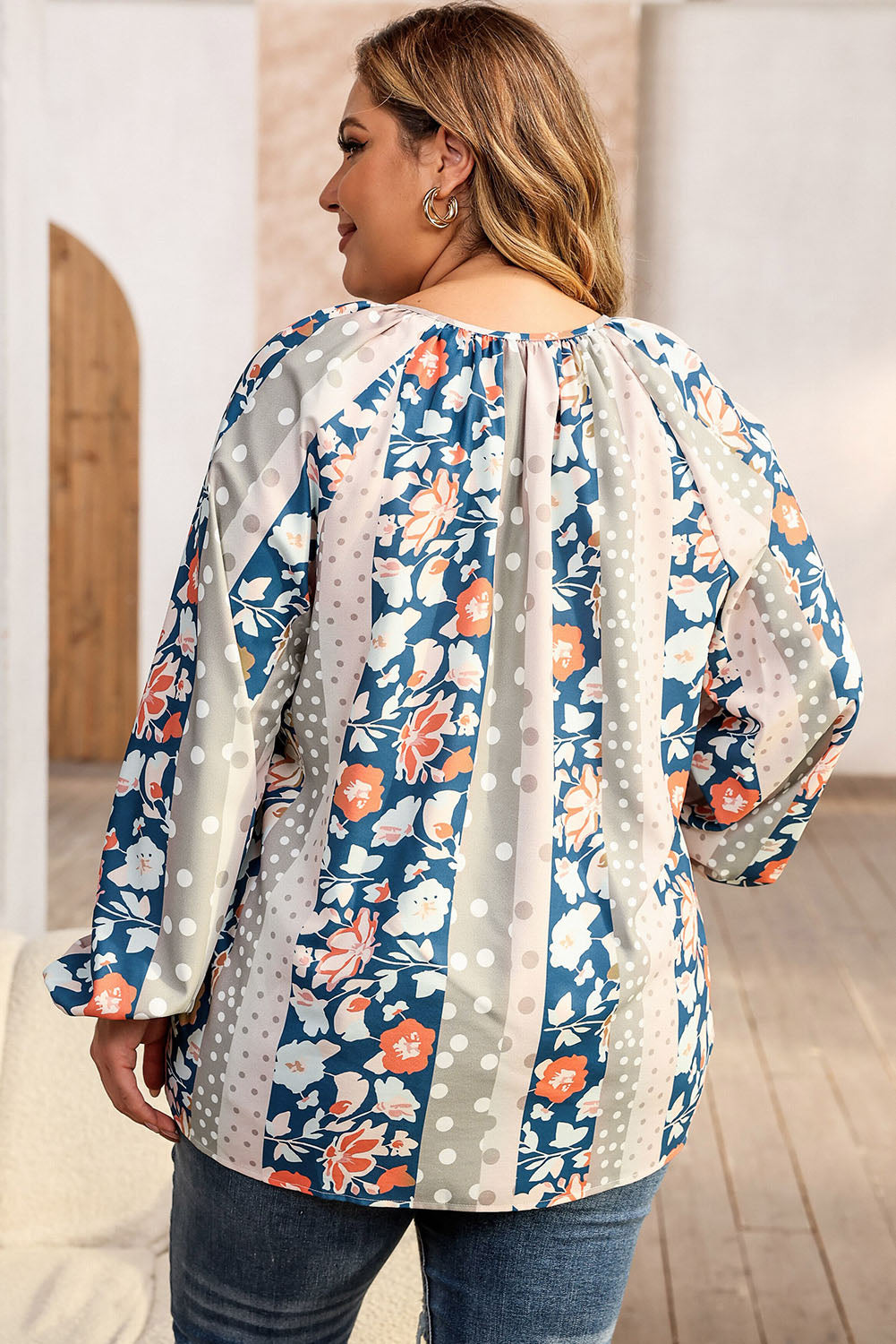 Plus Size Mixed Print Split Neck Blouse