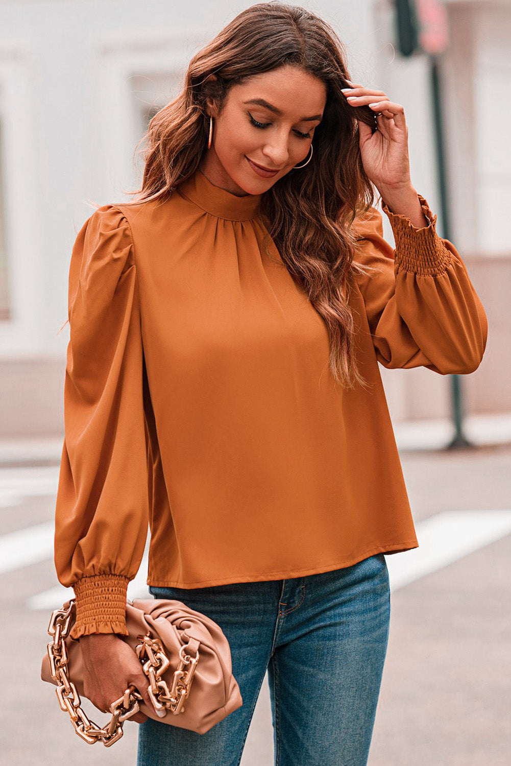 Long Bubble Sleeve Mock Neck Chiffon Blouse