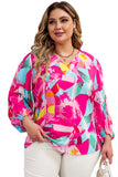 Plus Size Graffiti Print Split Neck Puff Sleeve Blouse