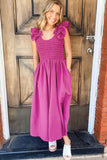 Rose Red Solid Color Ruffled Straps Smocked Ruched Maxi Dress