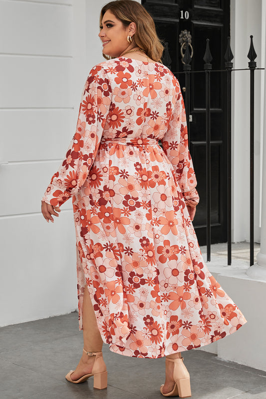 Plus Size Floral Print V Neck Wrap Side Slit Maxi Dress