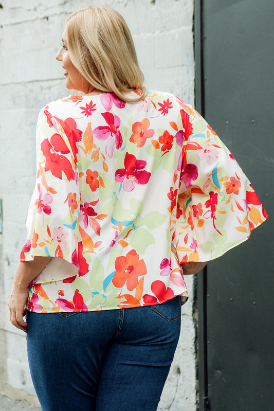 Floral Print Cowl Neck Plus Size Blouse